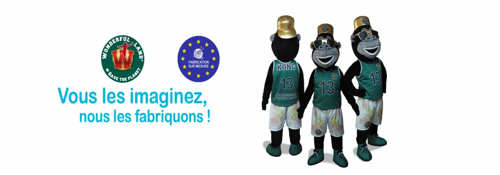 Création, fabrication, vente de costumes mascottes haut de gamme et pas chers. Mascottes location et en stock. Mascotte Gorille Kong